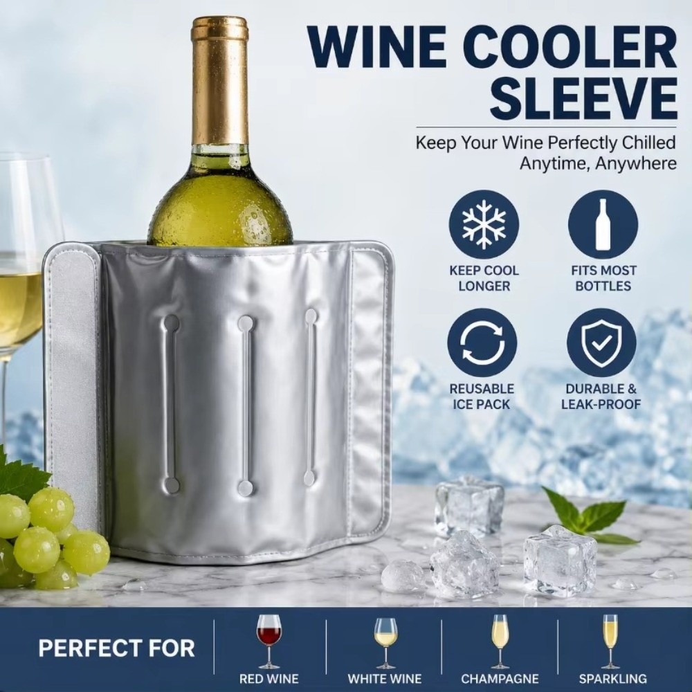 Wine Chiller Sleeve - 急速冷却33cm×18cmワインクーラーバッグ 再利用可能 シルバー仕上げ 断熱ワインスリーブ 氷不要 冷却ジェル